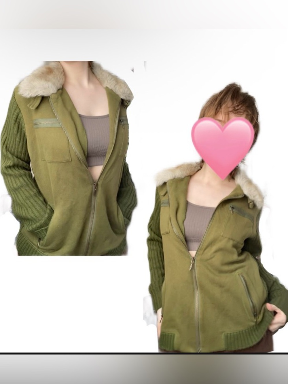 Green Zip-Up Bomber Jacket with faux fur collar